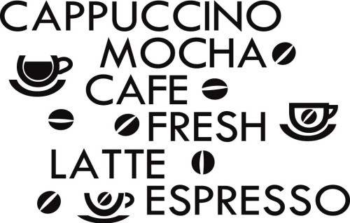 Naklejka ścienna z napisami kawowymi – Cappuccino, Latte, Espresso