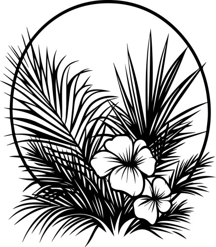 Naklejka ścienna tropikalna kompozycja w kole liście palmy i hibiskus