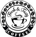 Okrągła naklejka z napisem Fresh &amp; Tasty Coffee i filiżanką kawy