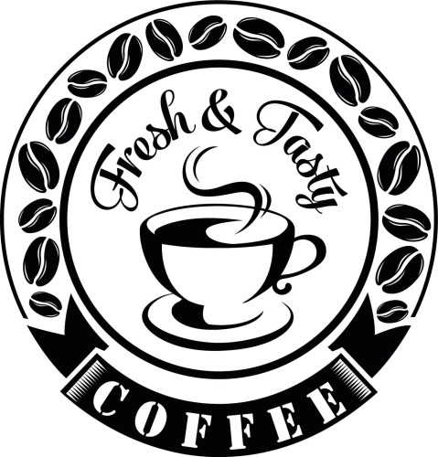 Okrągła naklejka z napisem Fresh &amp; Tasty Coffee i filiżanką kawy