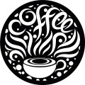 Okrągła naklejka ścienna z napisem Coffee i filiżanką kawy
